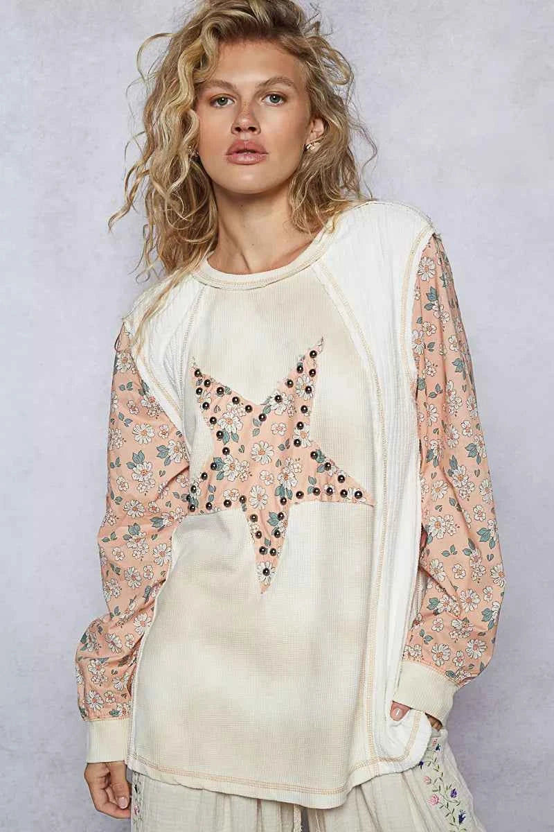 POL Exposed Seam Star Patch Thermal Top with Floral Sleeves