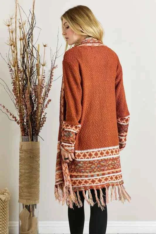 ADORA Full Size Fringe Hem Aztec Border Cardigan Plus Size - Velvet Stardust Co. - Velvet Stardust Co.
