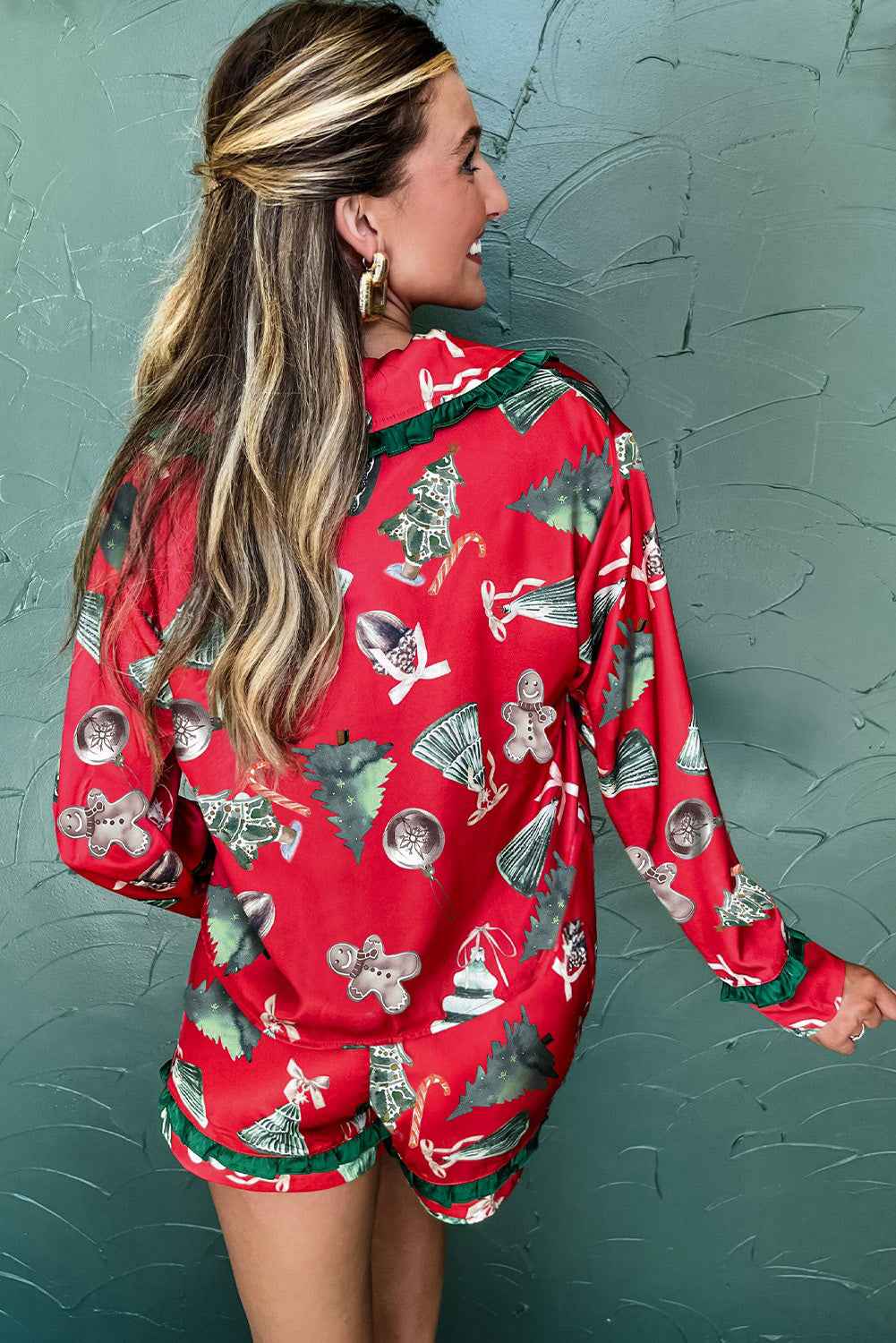Red Christmas Print Contrast Frill Trim Ribbon Bow Pajama Set - Velvet Stardust Co.