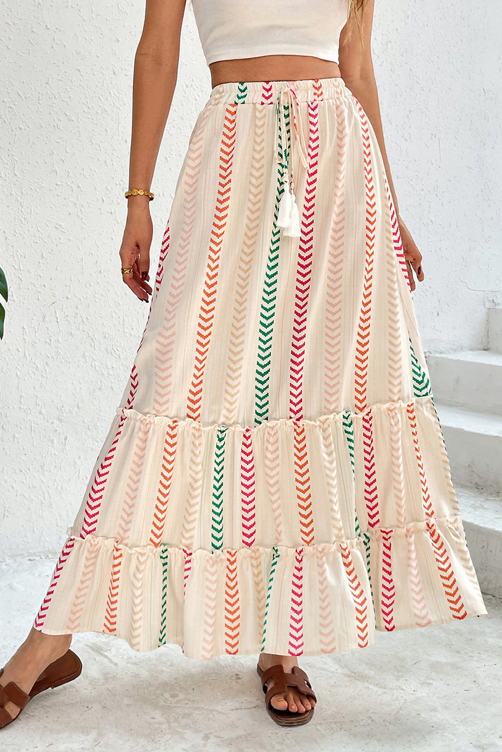 Multicolour Stripe Boho Tassel Tie Waist Tiered Maxi Skirt - Velvet Stardust Co.