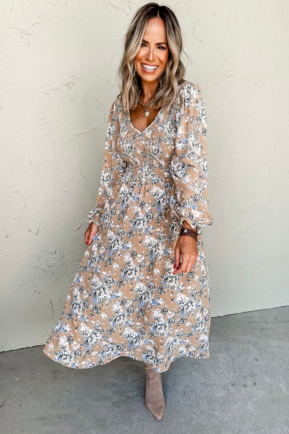 Khaki Maple Grove Floral Smocked Puff Sleeve Long Dress - Velvet Stardust Co.