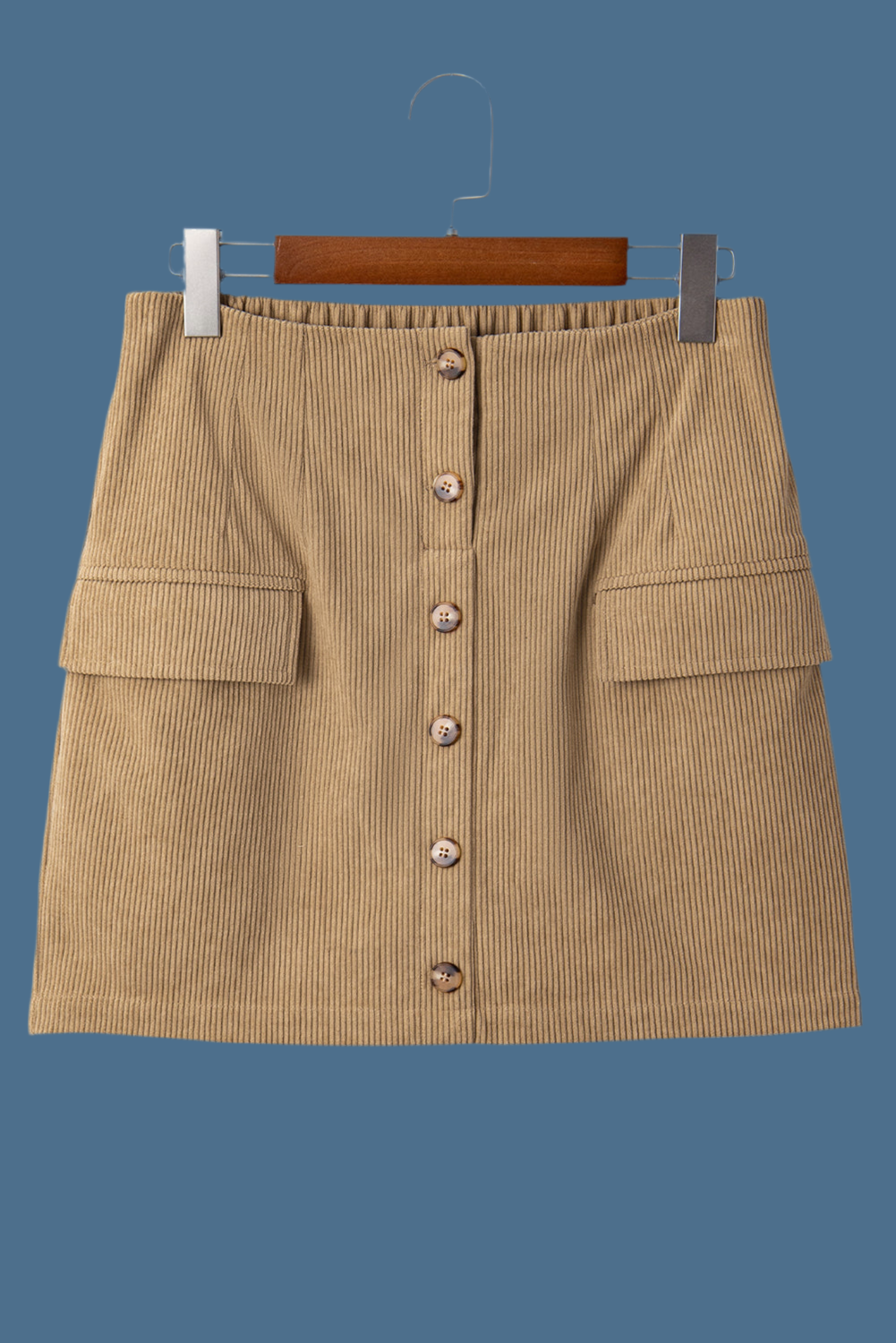 Camel Corduroy Buttoned Front Faux Pockets Mini Skirt - Velvet Stardust Co.