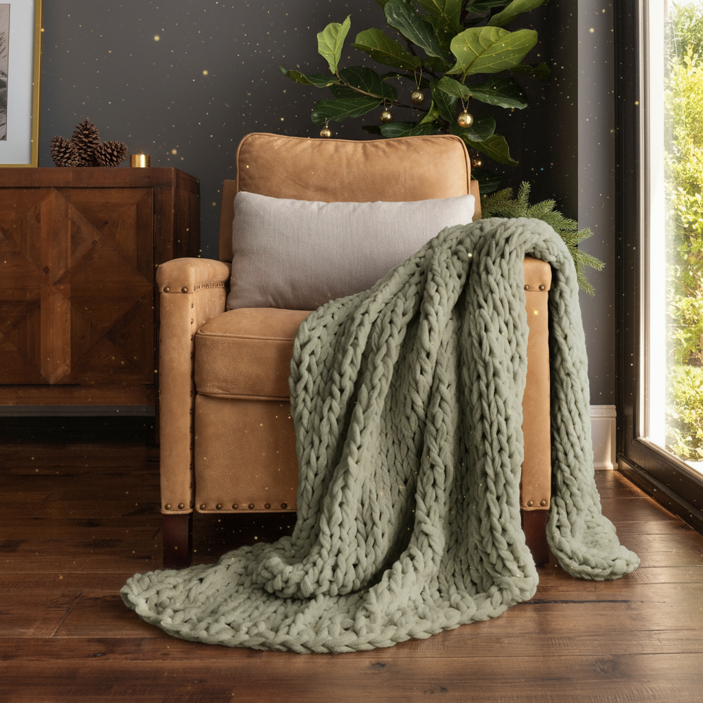 Comfort Canopy™ Chunky Hand-Knit Throw Blanket – Eucalyptus Green (Soft Acrylic)