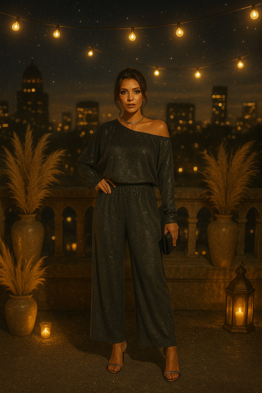 Glitter One Shoulder Long Sleeve Wide Leg Jumpsuit