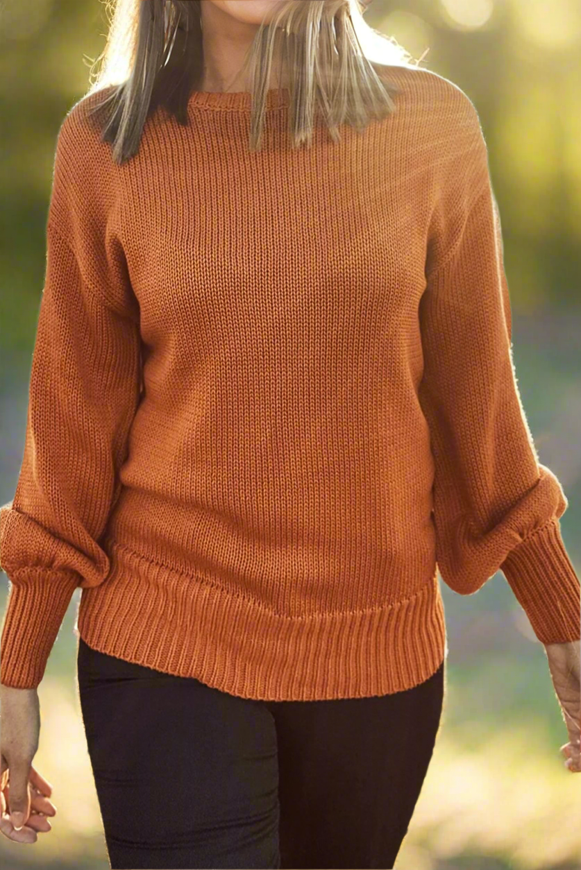 Gold Flame Solid Color Ribbed Trim Drop Shoulder Sweater - Velvet Stardust Co.