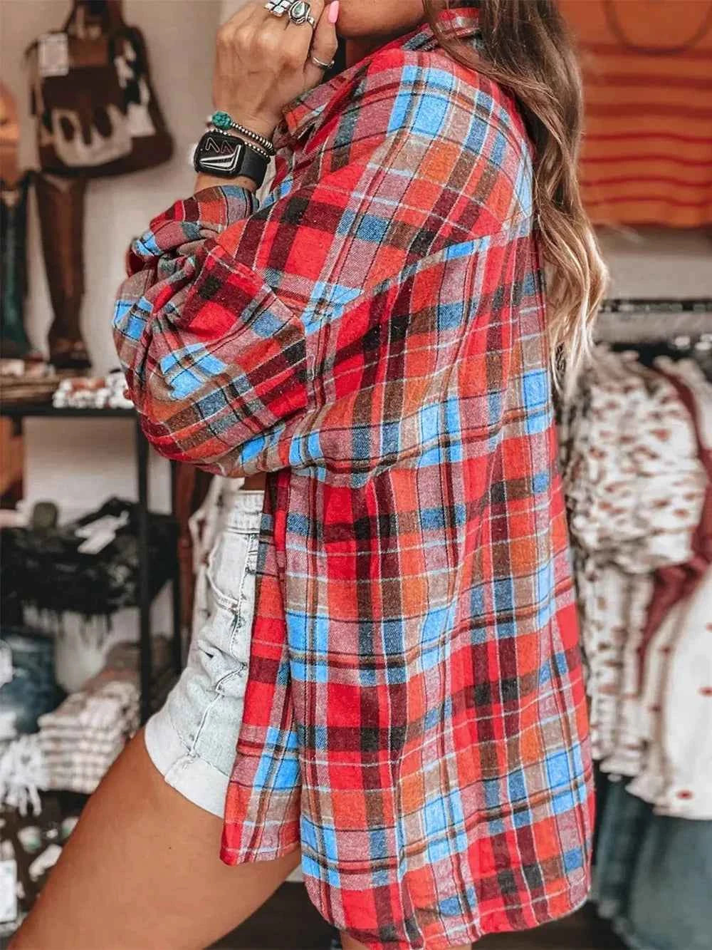 Plaid Collared Neck Long Sleeve Shirt - Velvet Stardust Co.