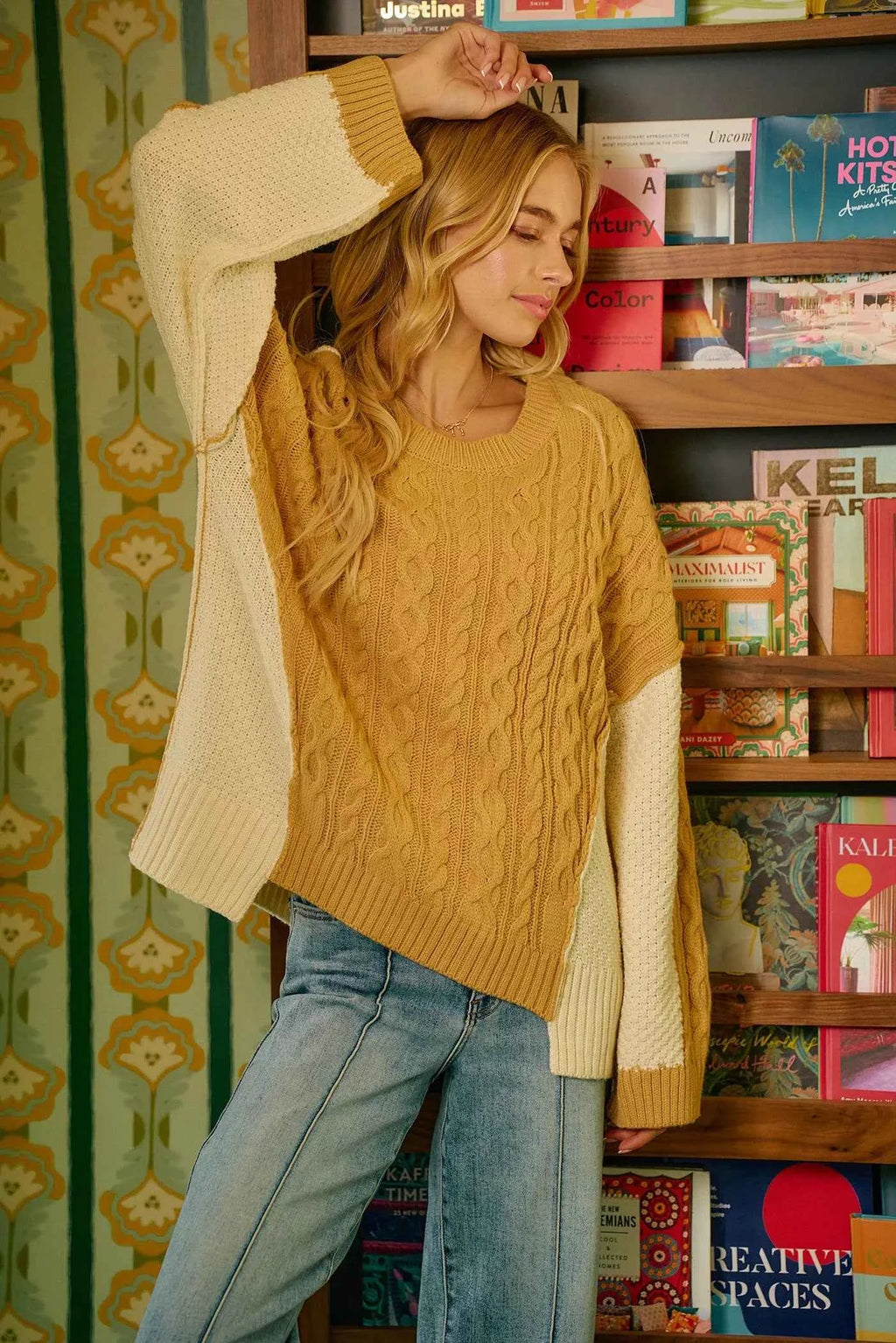 BiBi Cable Knit With Hacci Combo Sweater With Uneven Hem Detail - Velvet Stardust Co.