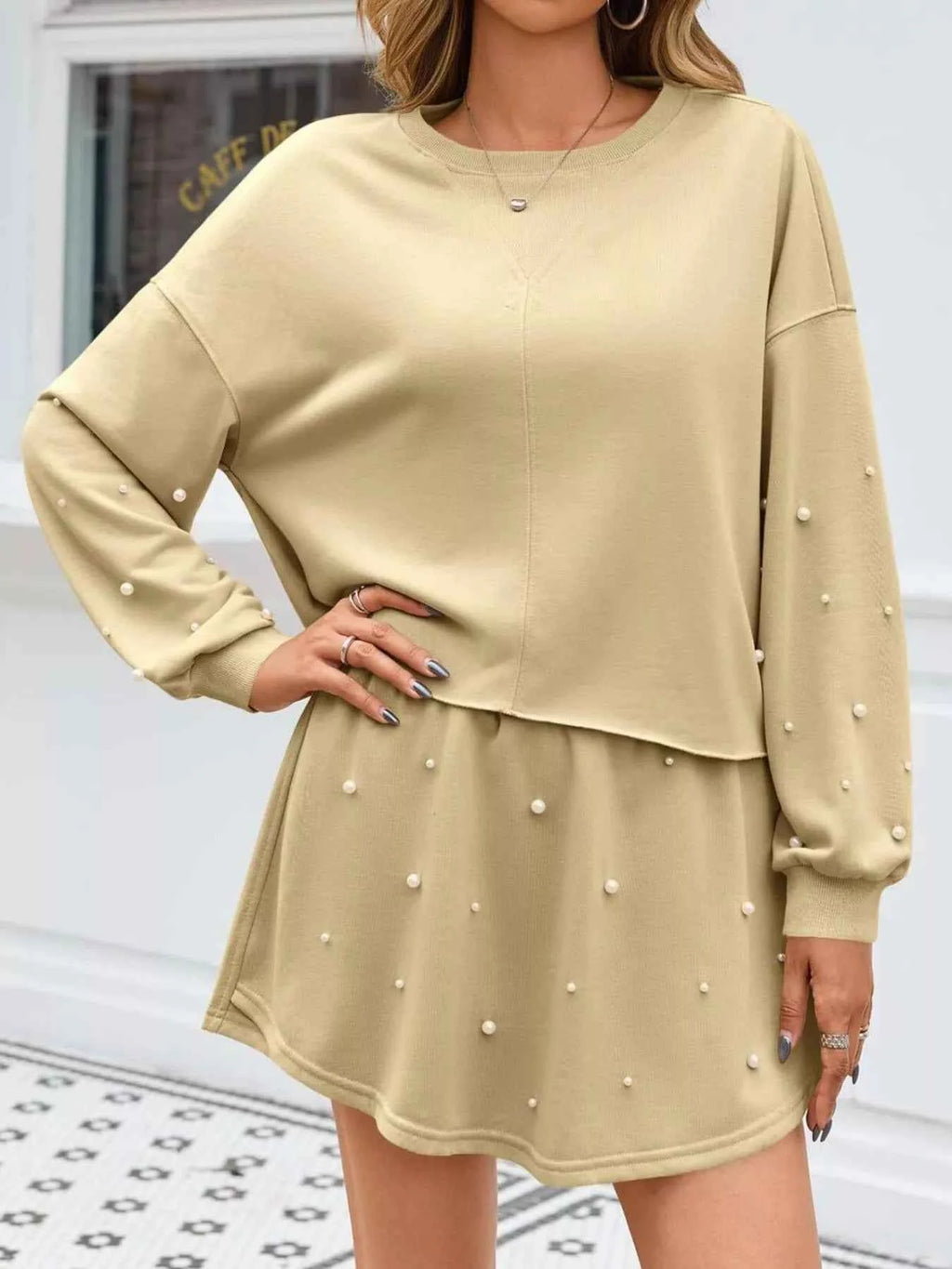 Pearl Embellished Round Neck Top and Skort Set - Velvet Stardust Co.