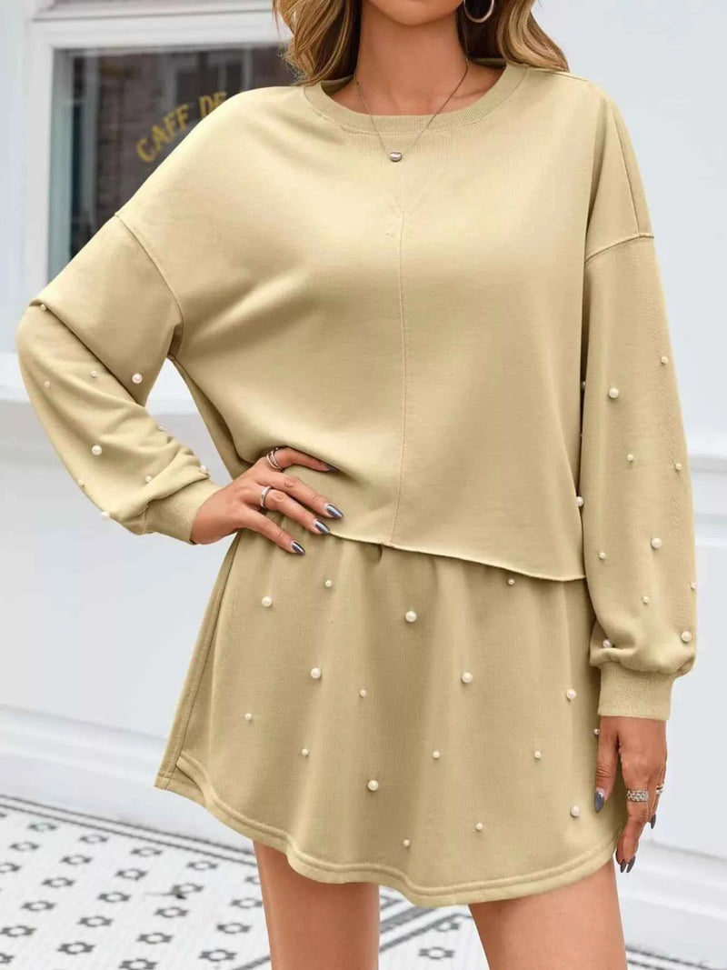 Pearl Embellished Round Neck Top and Skort Set