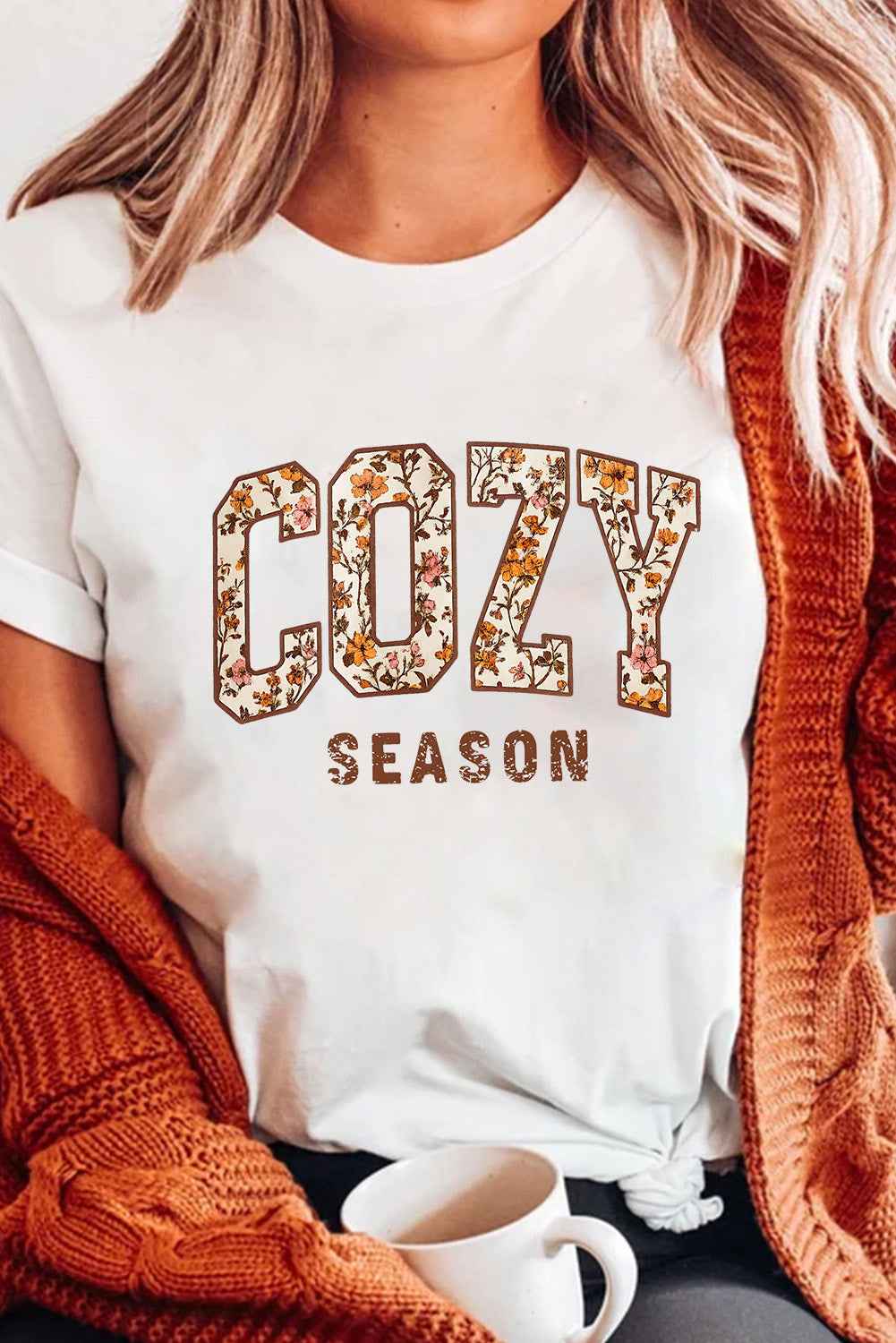 White COZY SEASON Fall Floral Cracking Letter Heat Transfer Printing Graphic Tee - Velvet Stardust Co.