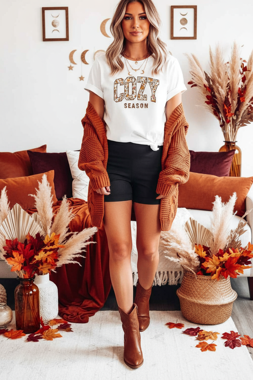 White COZY SEASON Fall Floral Cracking Letter Heat Transfer Printing Graphic Tee - Velvet Stardust Co.