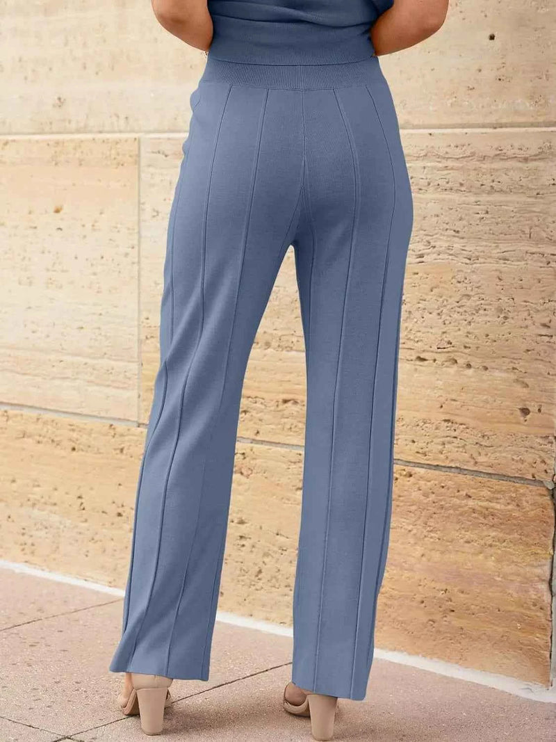 Casual Solid Color Cap Sleeve Top and Pants Knit Set