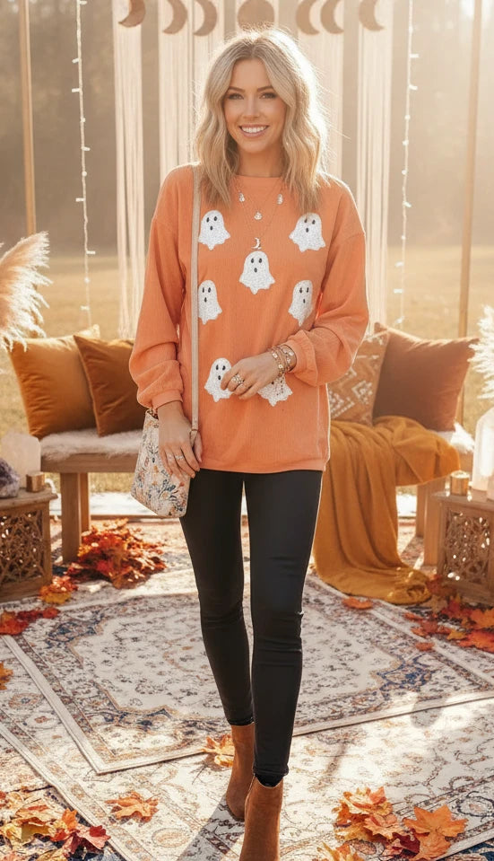 Halloween Ghost Sequin Patched Twisted Ribbed Texture Sweatshirt - Velvet Stardust Co.