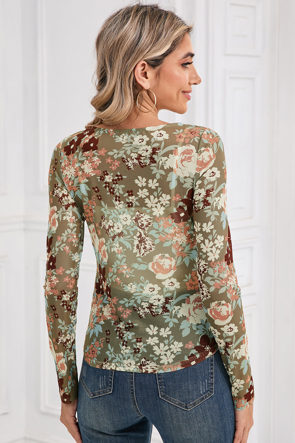 Orchid Petal Allover Floral Print Mesh Long Sleeve Top - Velvet Stardust Co.