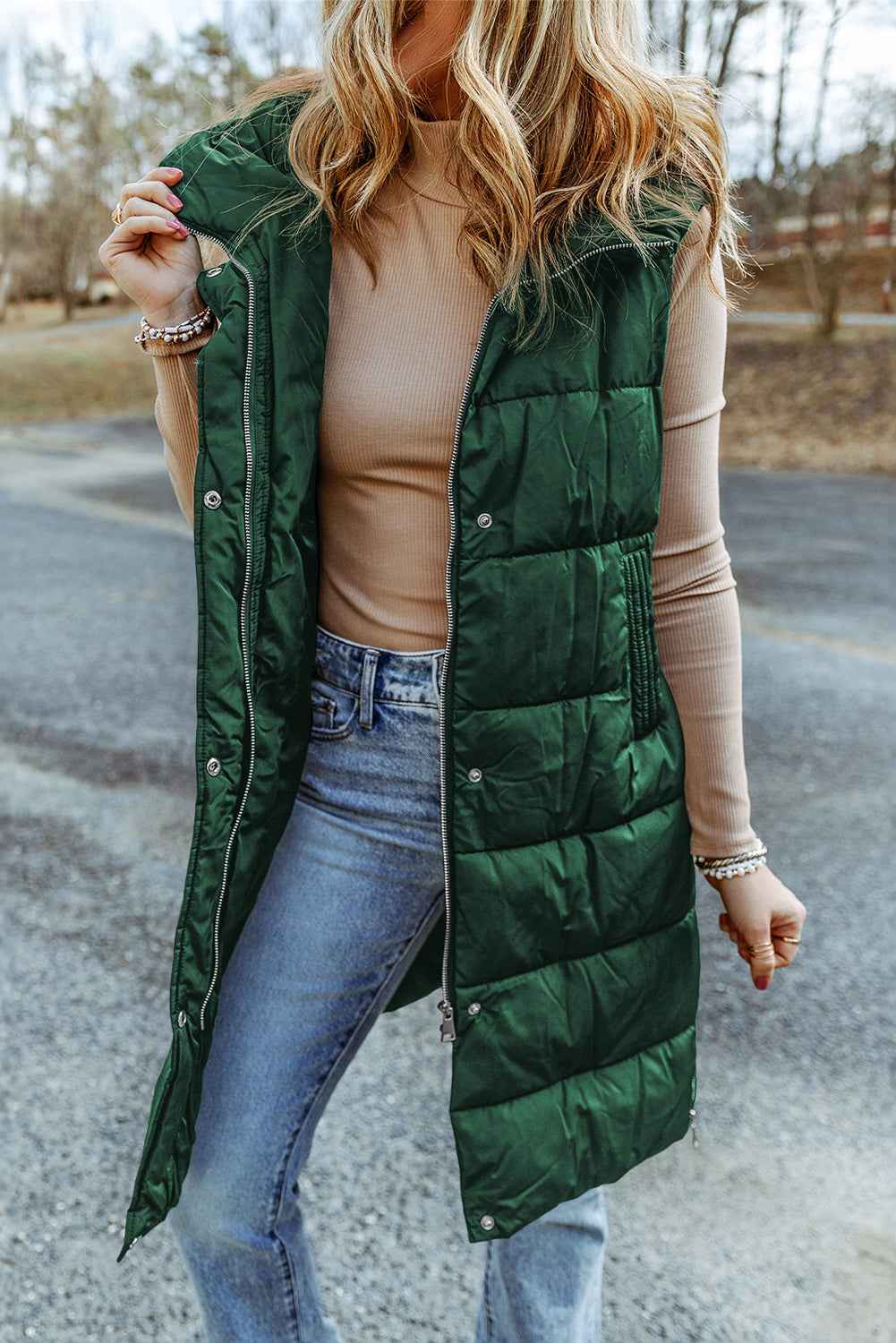 Green Hooded Pocketed Quilted Long Vest Coat - Velvet Stardust Co.
