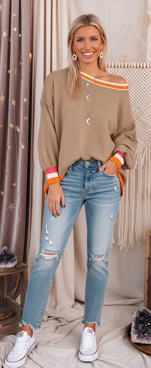 Parchment Colorblock Striped Trim Drop Shoulder Sweater - Velvet Stardust Co.