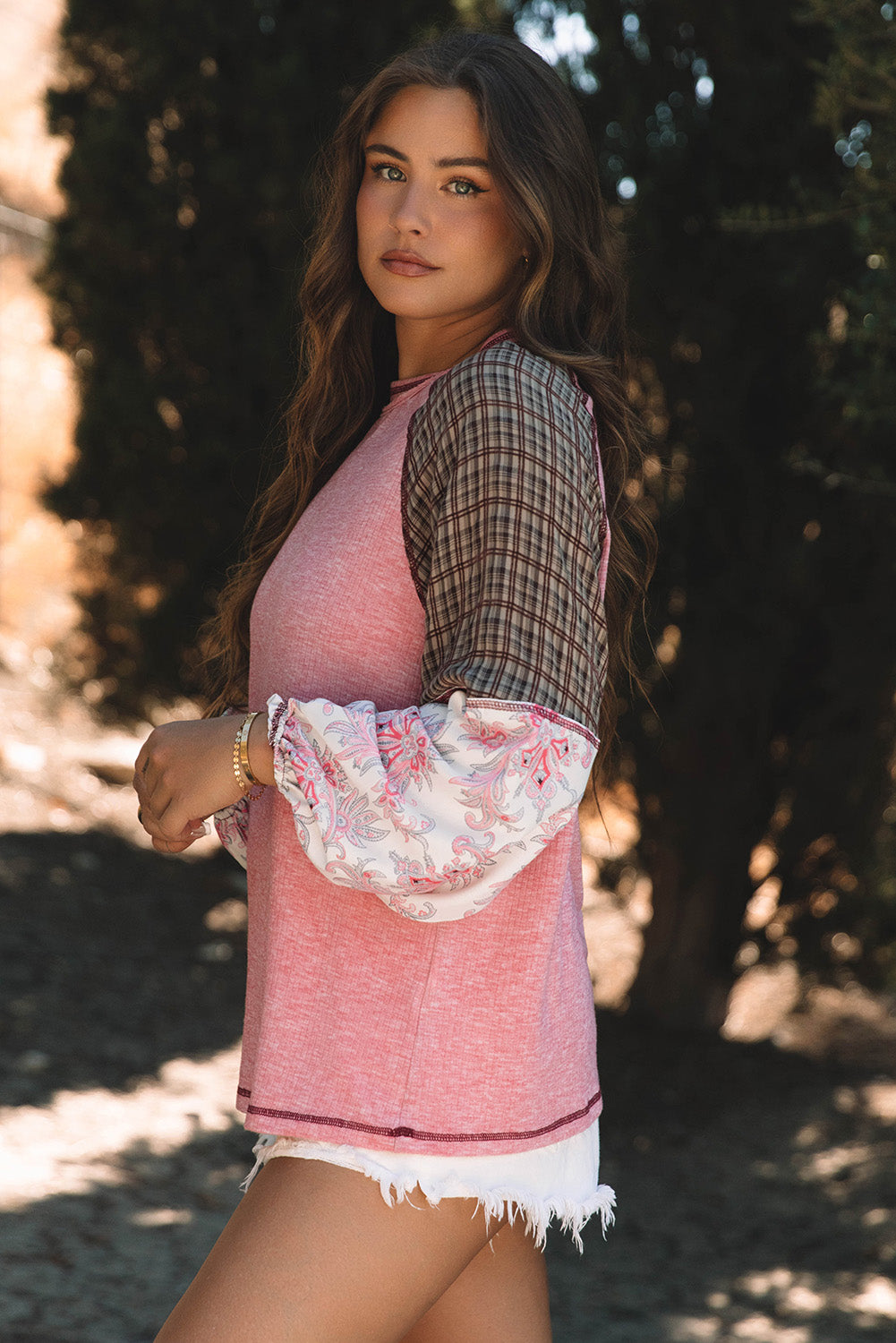 Fushia Mixed Print Raglan Sleeve Ribbed Knit Patchwork Blouse - Velvet Stardust Co.