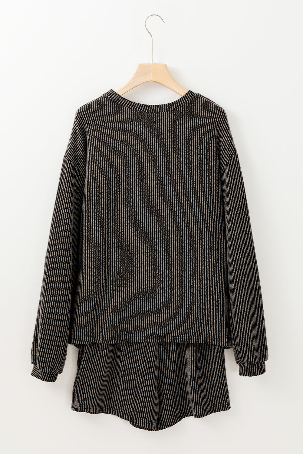 Carbon Grey Twisted Ribbed Thankful Letter Sequins Patch Bow Sleeve Top and Shorts Set - Velvet Stardust Co.