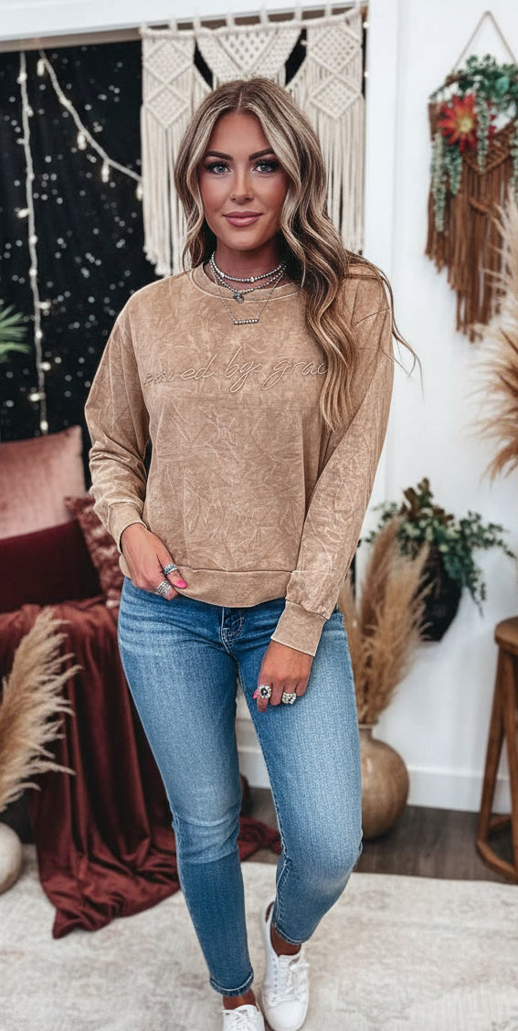 Dune saved by grace Letter Embroidery Mineral Wash Loose Sweatshirt - Velvet Stardust Co.