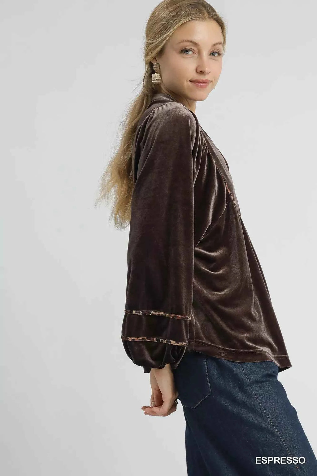 Umgee Velvet Long Sleeve Blouse with Contrast Trim - Velvet Stardust Co.