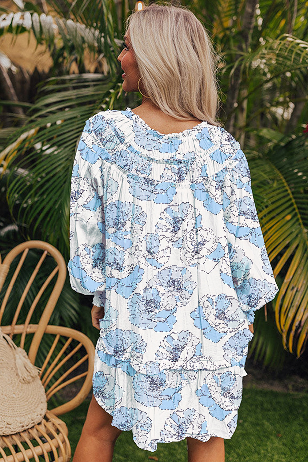 Sky Blue Floral Print Tie Neck Long Sleeve Flowy Mini Dress - Velvet Stardust Co.