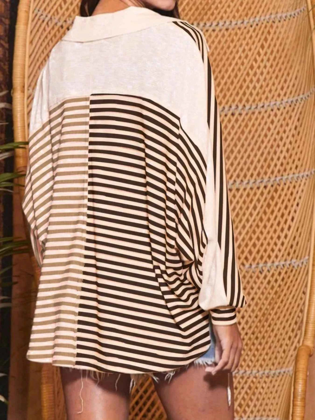 Striped Oversized Half Button Sweatshirt - Velvet Stardust Co.