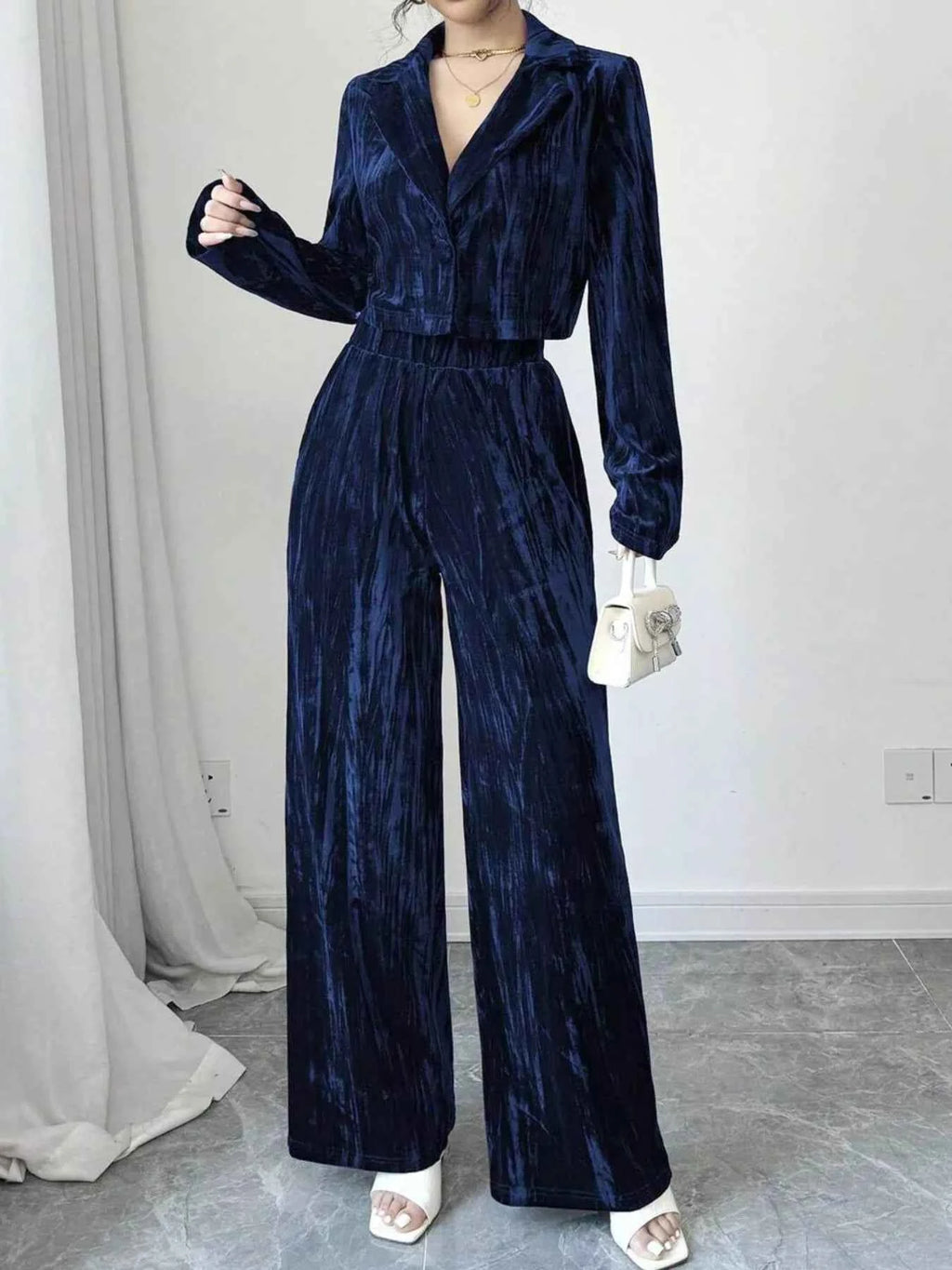 Pleated Velvet Blazer & Wide Leg Pants Set - Velvet Stardust Co. - Velvet Stardust Co.