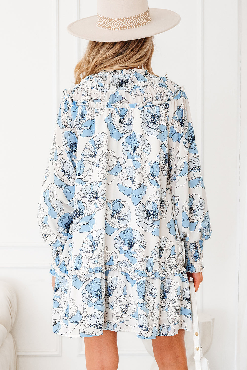 Sky Blue Floral Print Tie Neck Long Sleeve Flowy Mini Dress - Velvet Stardust Co.