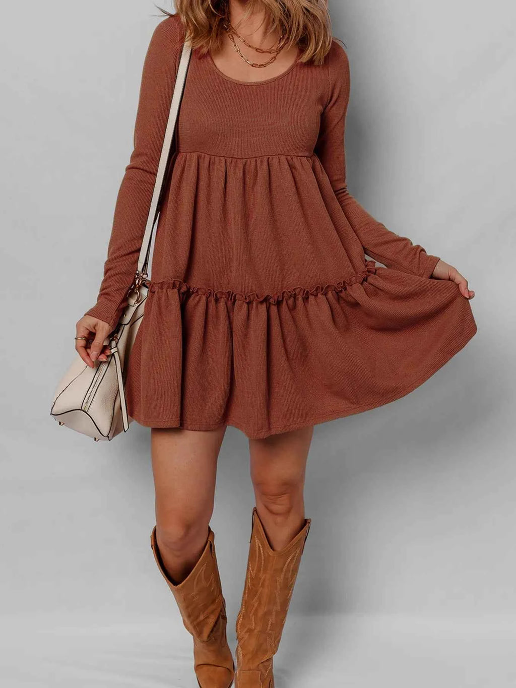 Frill Tiered Long Sleeve Mini Dress - Velvet Stardust Co.