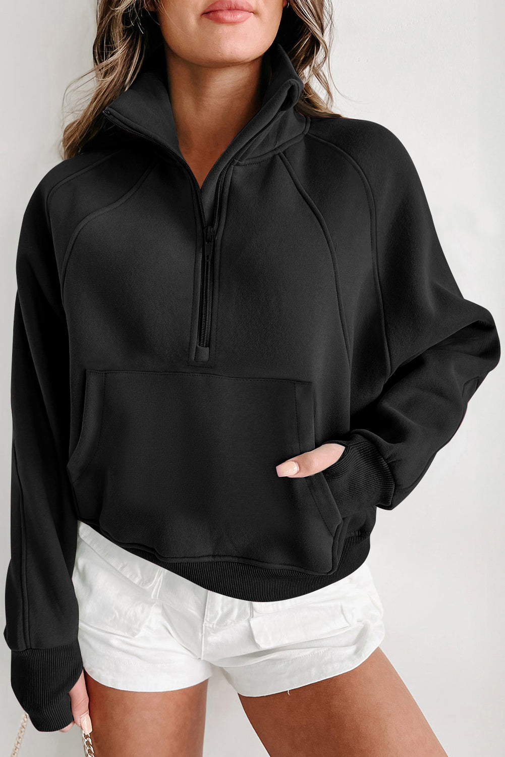 Black Fleece Lined Zip Up Stand Collar Thumbhole Sleeve Sweatshirt - Velvet Stardust Co.