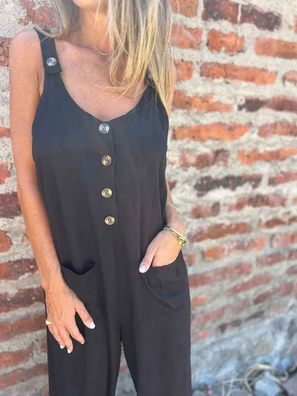 Full Size Button-Front Wide Leg Jumpsuit Plus Size - Velvet Stardust Co.