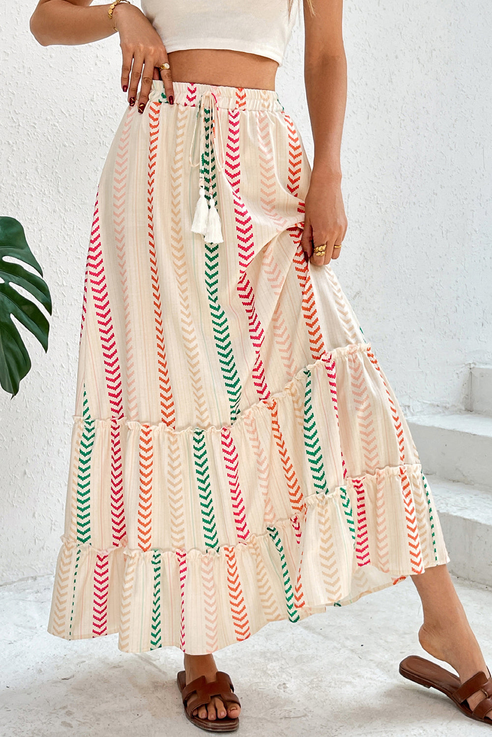 Multicolour Stripe Boho Tassel Tie Waist Tiered Maxi Skirt - Velvet Stardust Co.