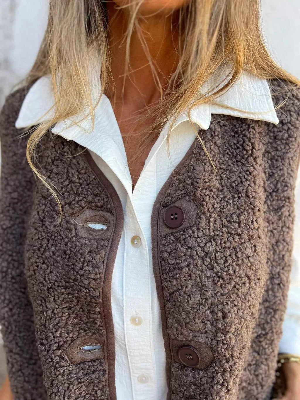 Full Size Cozy Sherpa Fleece Button-Up Vest Coat with Pockets Plus Size - Velvet Stardust Co.