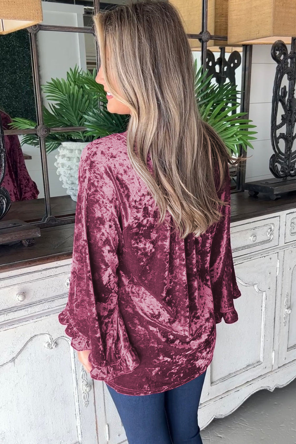 Red Dahlia Velvet Pagoda Sleeve Crew Neck Top - Velvet Stardust Co.