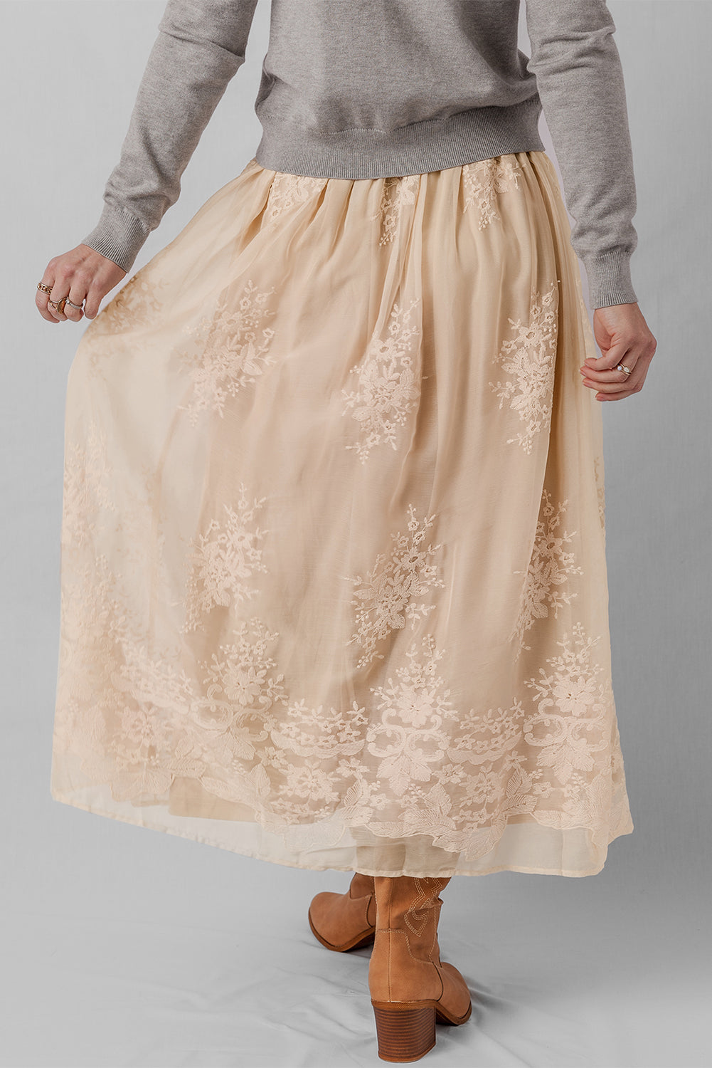 Oatmeal Embroidered Mesh Overlay Flowy Long Skirt - Velvet Stardust Co.