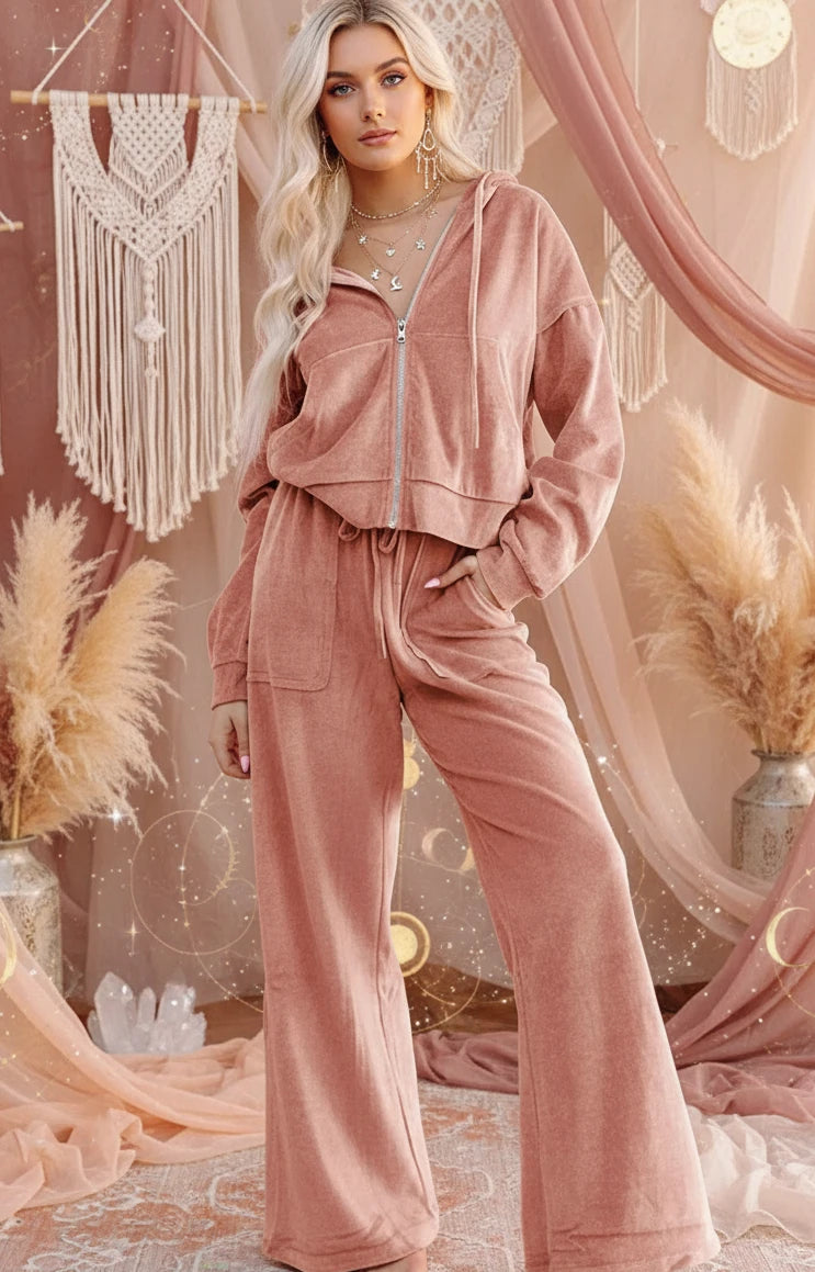 Zip Up Dropped Shoulder Hooded Top and Pants Set