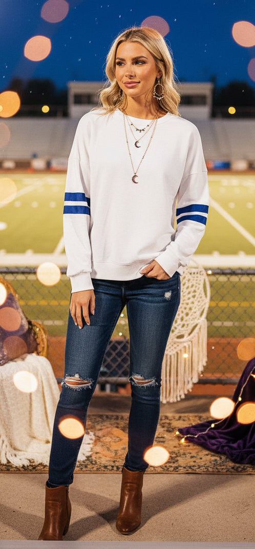 White Varsity Striped Detail Drop Shoulder Oversized Sweatshirt - Velvet Stardust Co.