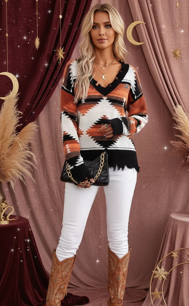 Geometric Frayed Hem V-Neck Long Sleeve Sweater - Velvet Stardust Co.