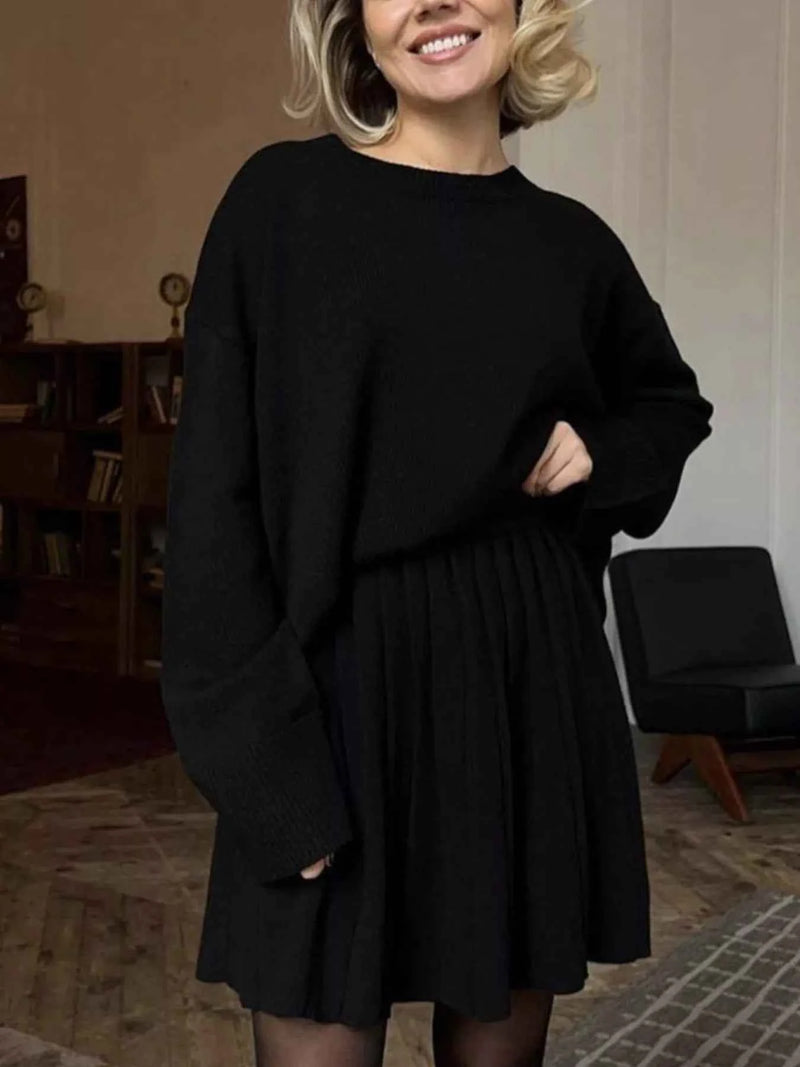 Round Neck Top and Pleated Skirt Sweater Set