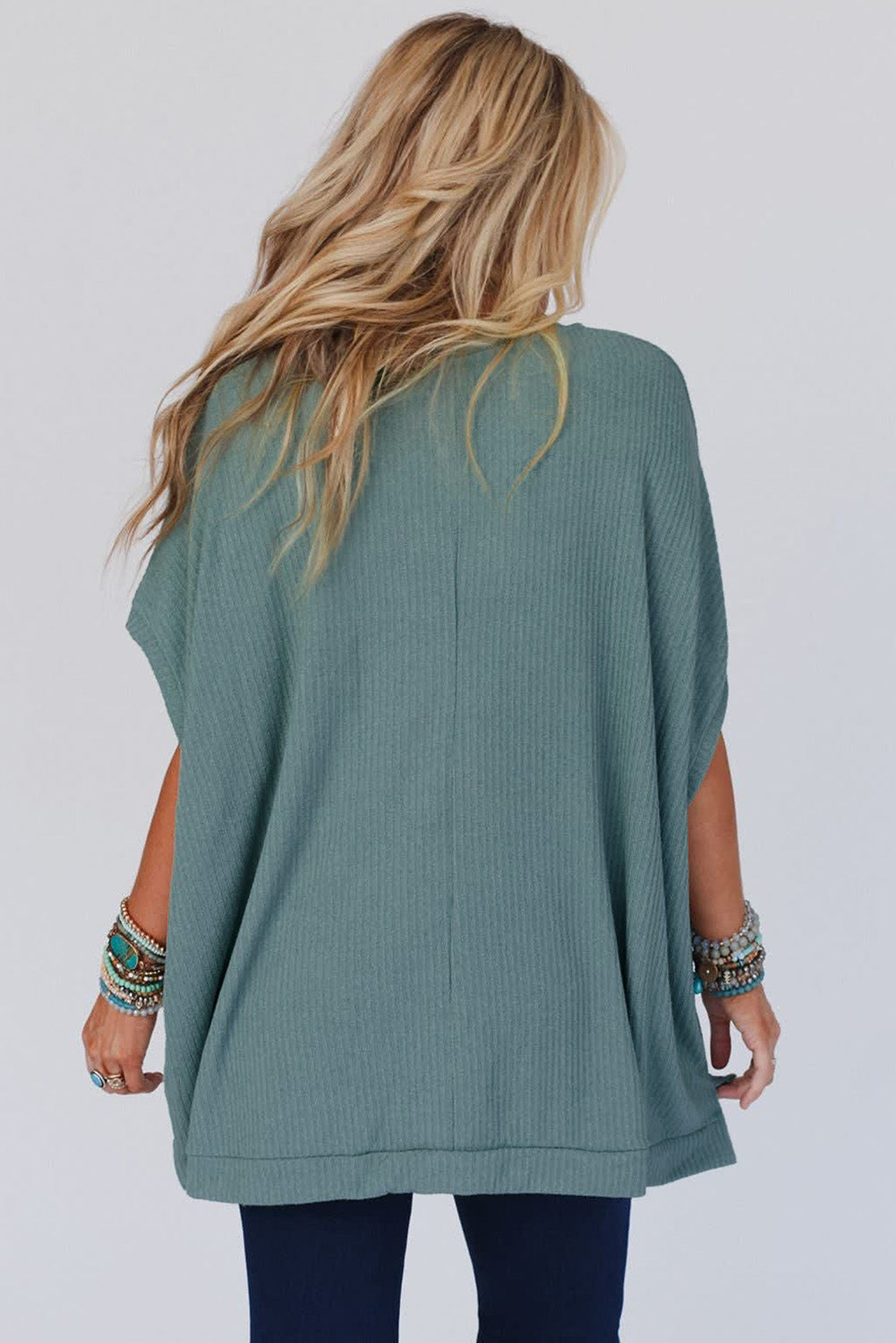 Moonlight Jade Oversized Ribbed Knit V Neck Dolman Short Sleeve Top - Velvet Stardust Co.