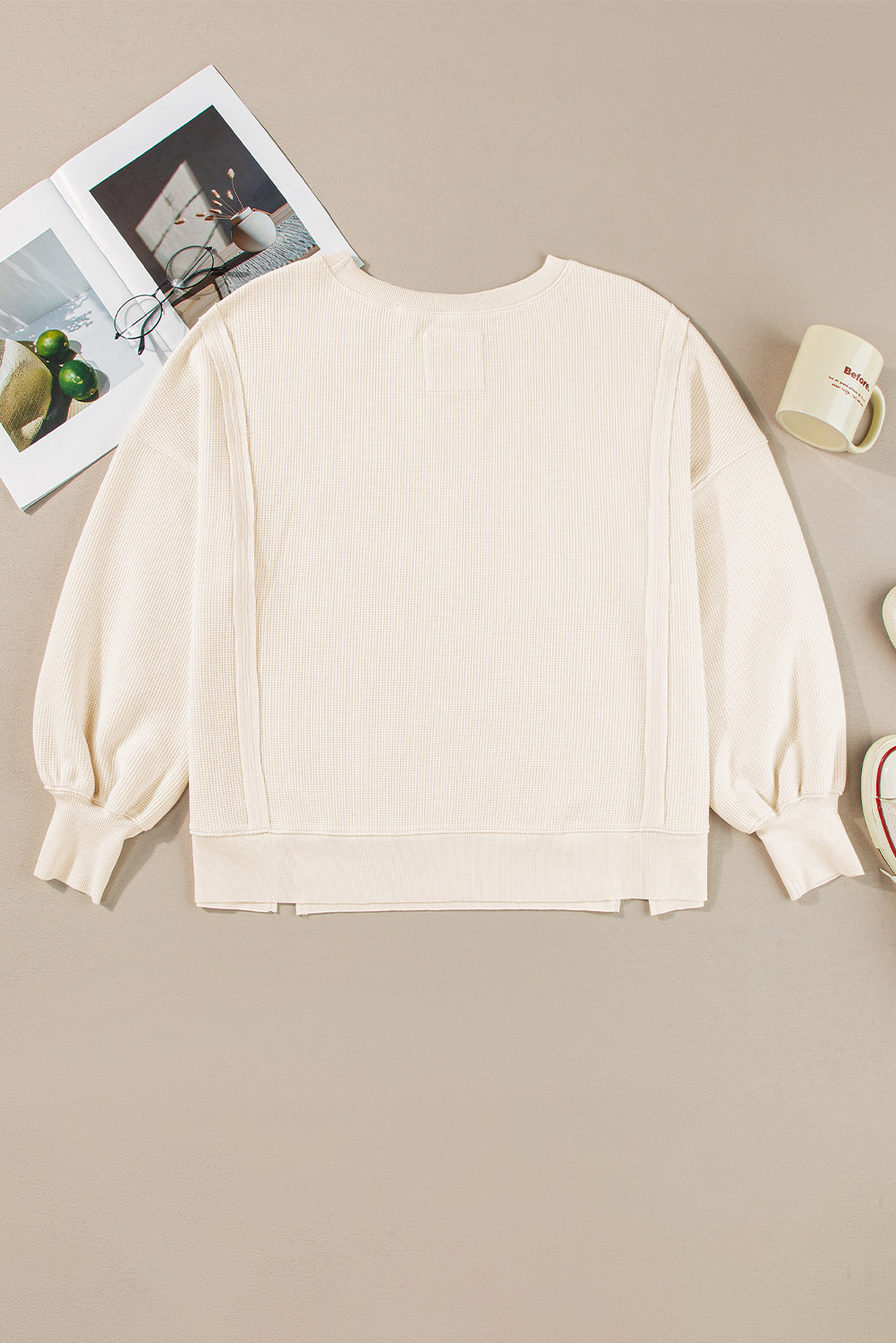 White Waffle knit Bishop Sleeve Split Oversized Top - Velvet Stardust Co.