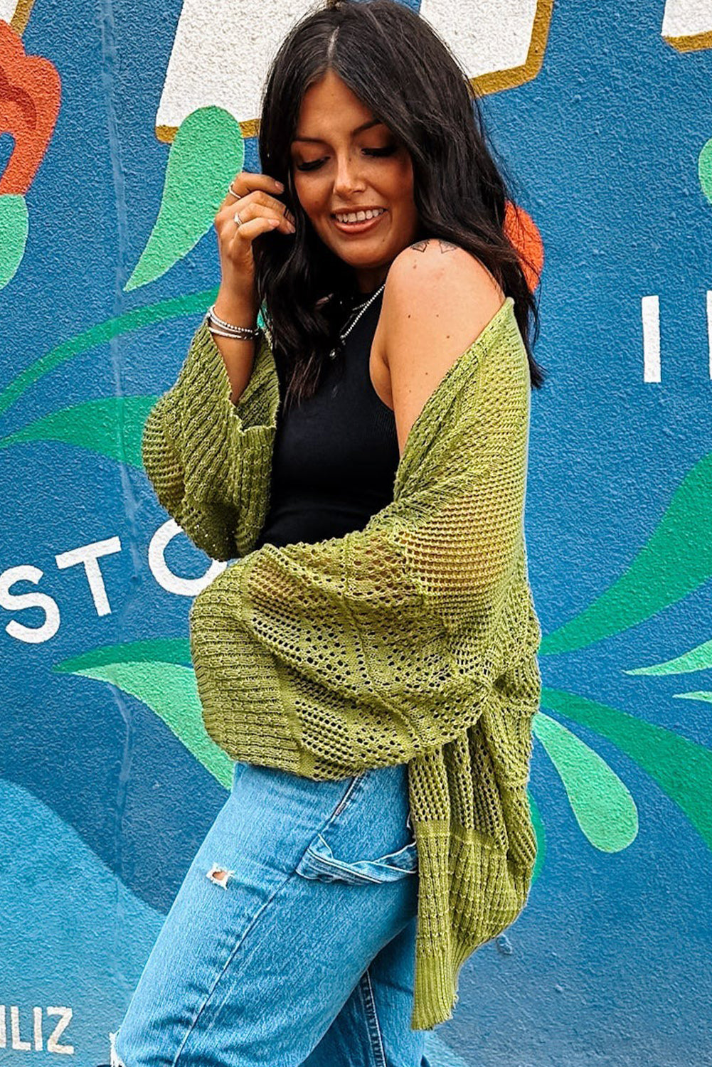 Spinach Green Oversize Crochet Knit Open Cardigan - Velvet Stardust Co.