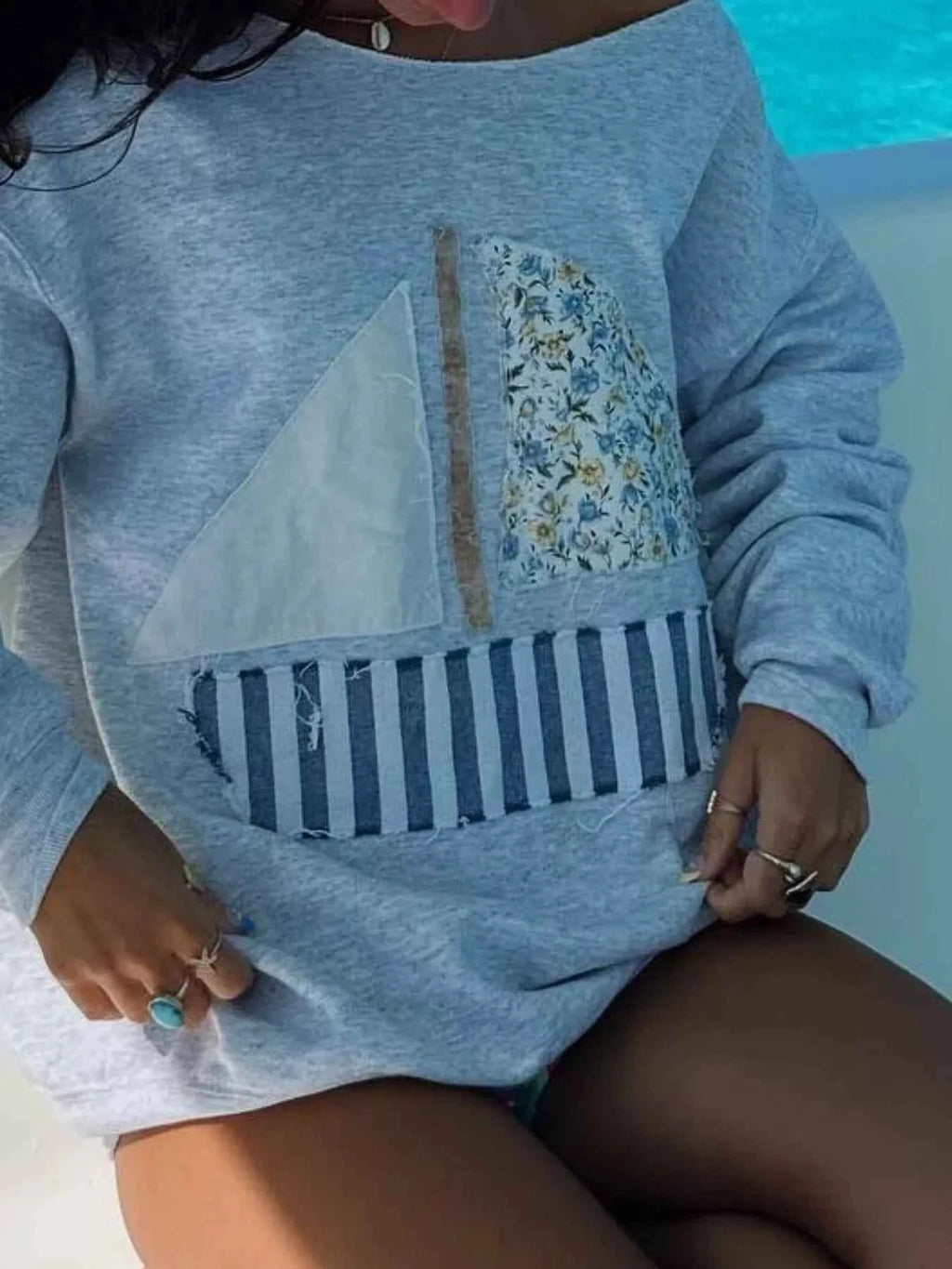 Boat Neck Long Sleeve Patchwork Sweatshirt - Velvet Stardust Co.