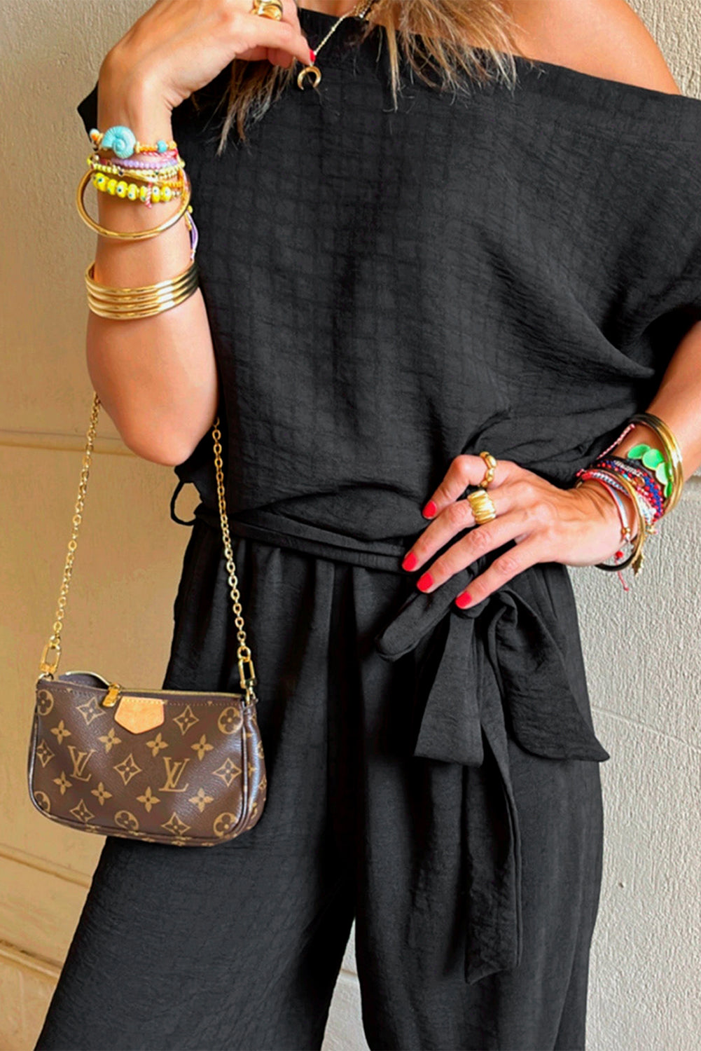 Black Checkered Mesh One Shoulder Short Sleeve Knotted Waist Jumpsuit - Velvet Stardust Co.