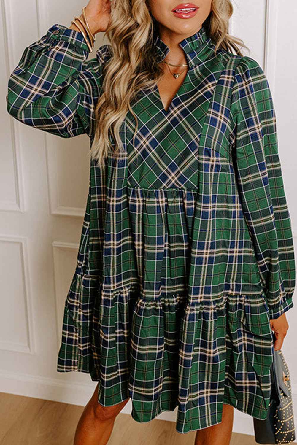 Green Plaid Print Frill Neck Long Sleeve Mini Dress - Velvet Stardust Co.