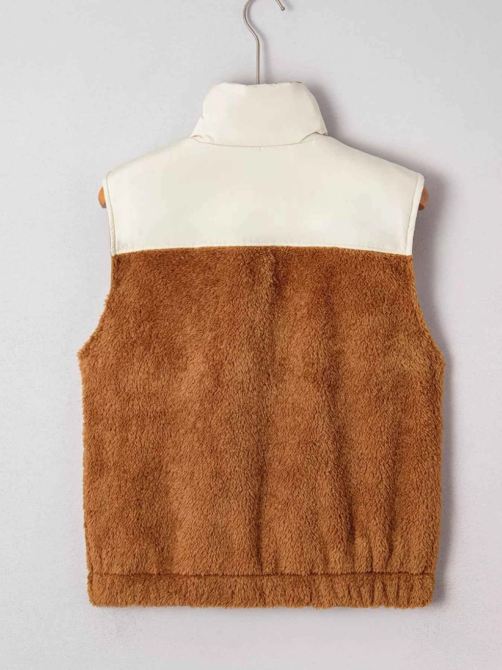 Color Block Plush Patchwork Zipper Stand Neck Vest Coat - Velvet Stardust Co.