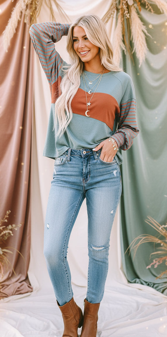 Green Colorblock Striped Bishop Sleeve Top - Velvet Stardust Co.