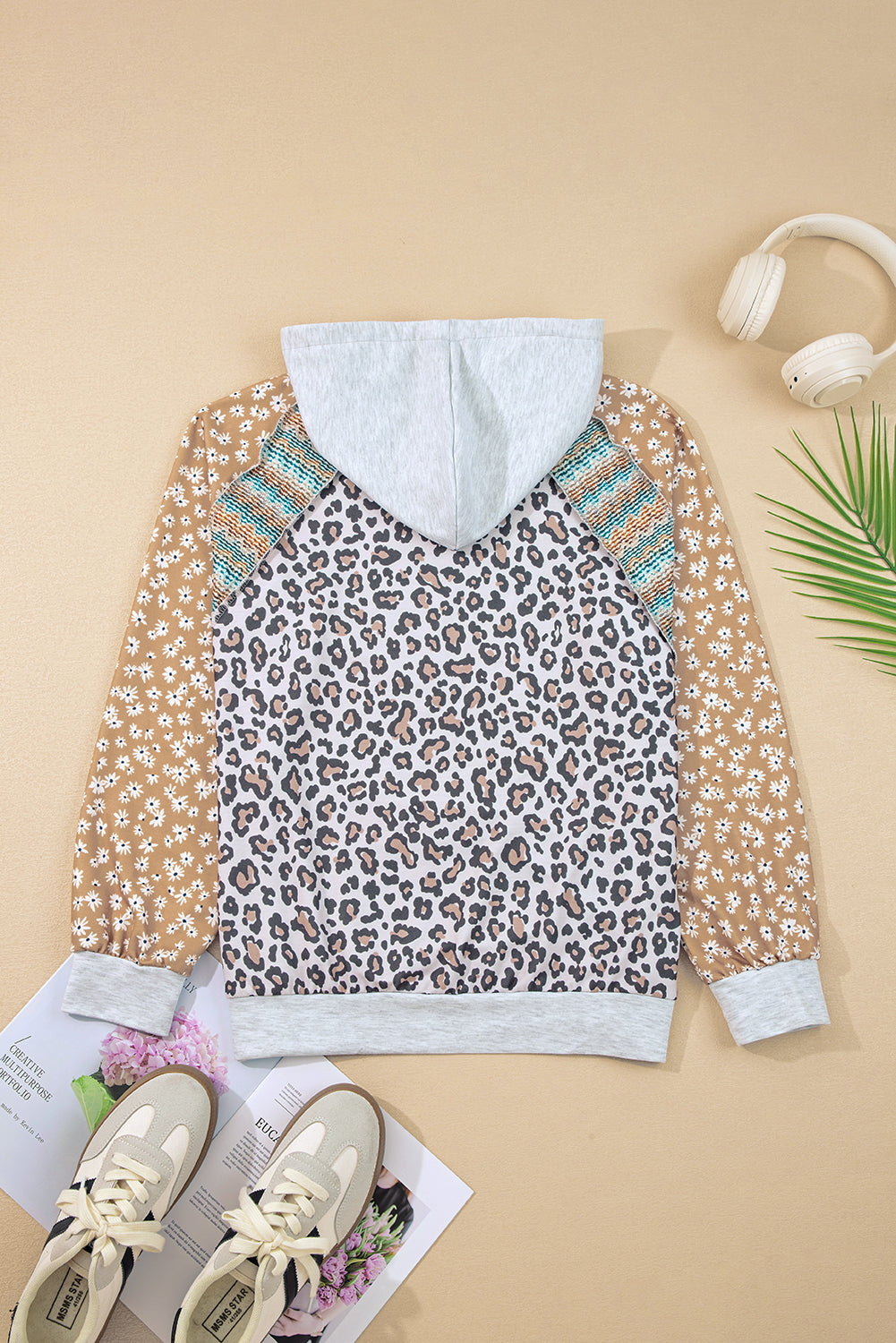 Multicolor Leopard Floral Patchwork Drawstring Hoodie - Velvet Stardust Co.