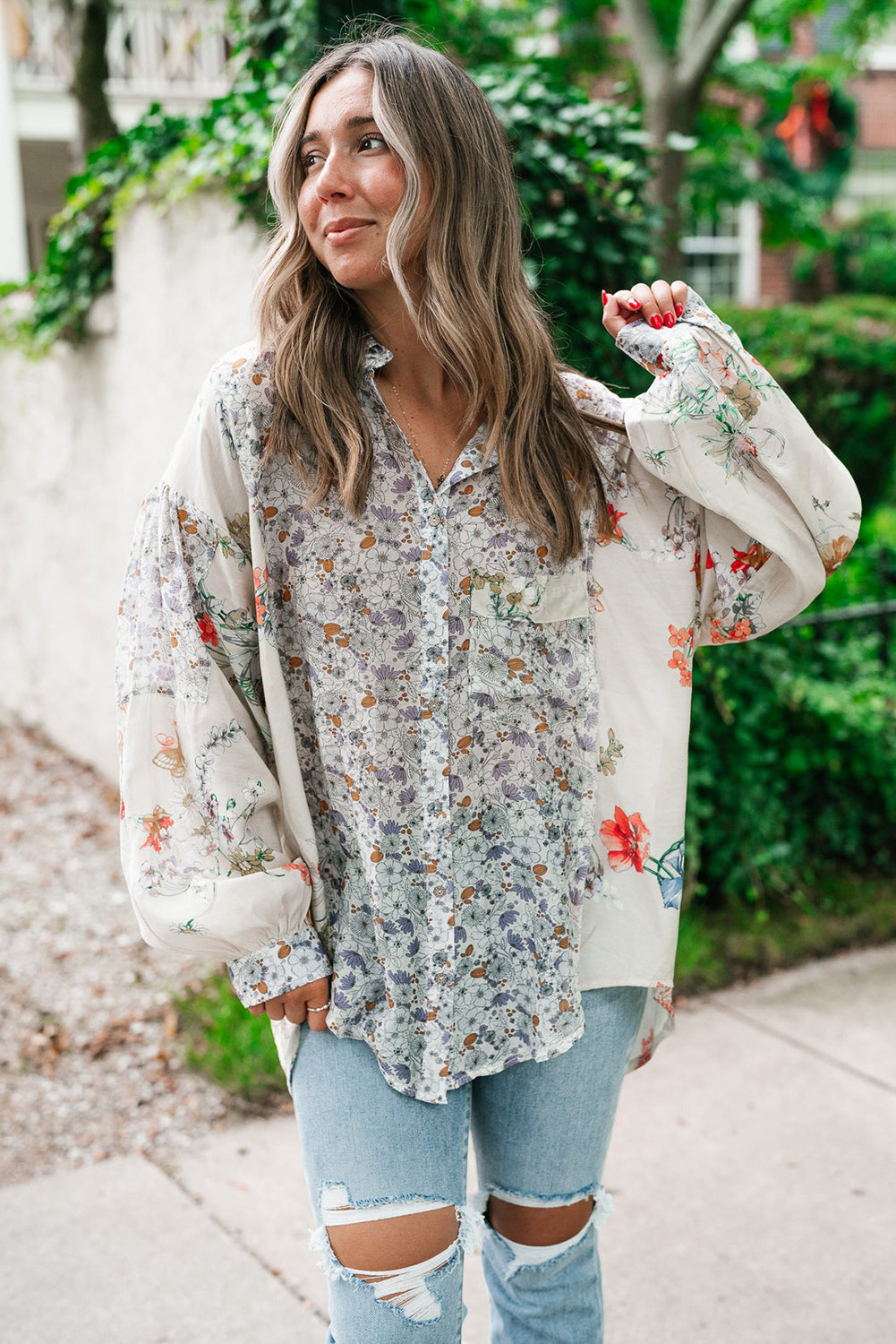 Purple Boho Floral Bishop Sleeve Button Up Loose Shirt - Velvet Stardust Co.