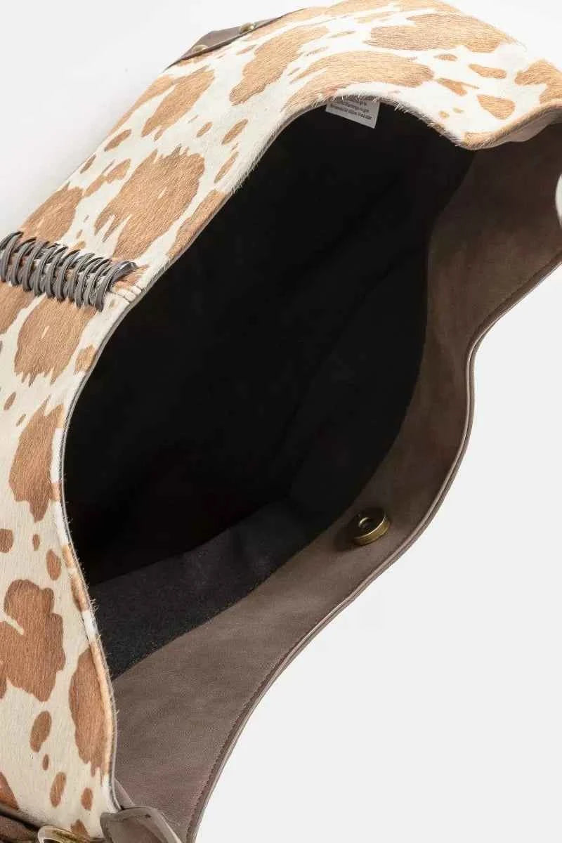 Fame Cow Print Hobo Shoulder Bag with Studded Details - Velvet Stardust Co.